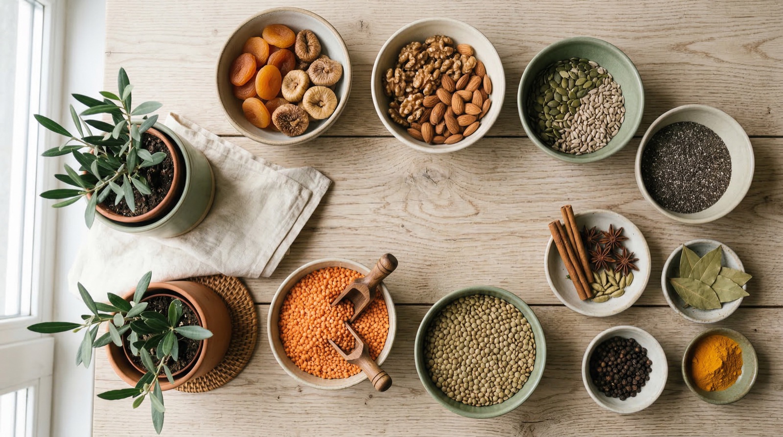 Økologiske ingredienser i keramiske skåle på et lyst træbord